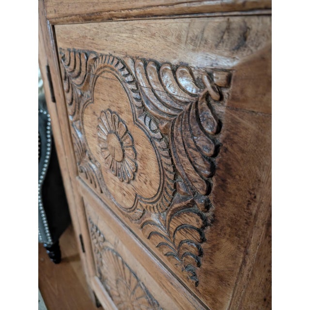 Stunning Antique Indonesian Carved Teakwood Cabinet With Majolica Ceramic Tiles For Sale - Image 4 of 14