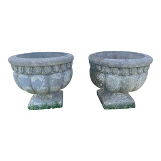 Pair of Mid-Century Cast Stone Tulip Urns - Egg & Dart Rim - Charlotte Estate For Sale