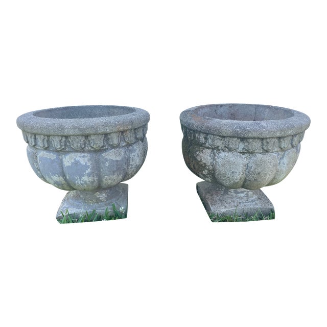 Pair of Mid-Century Cast Stone Tulip Urns - Egg & Dart Rim - Charlotte Estate For Sale