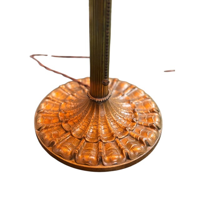 Orange Antique 1910s Edward Miller Table Lamp With Original Copper Finish, 1920s Orange and Gold Mica Shade With Rewired Pullchain Socket For Sale - Image 8 of 18