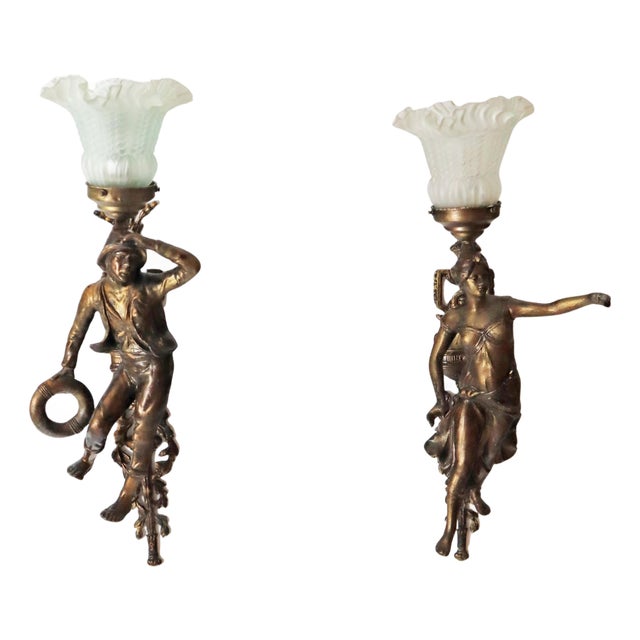 Art Nouveau Figural Wall Sconces of Sailor and Female Farmer, France, 1890, Set of 2 For Sale