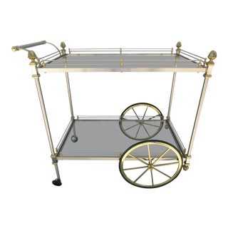 Vintage French Style Bar Cart -Brushed Chrome and Brass For Sale