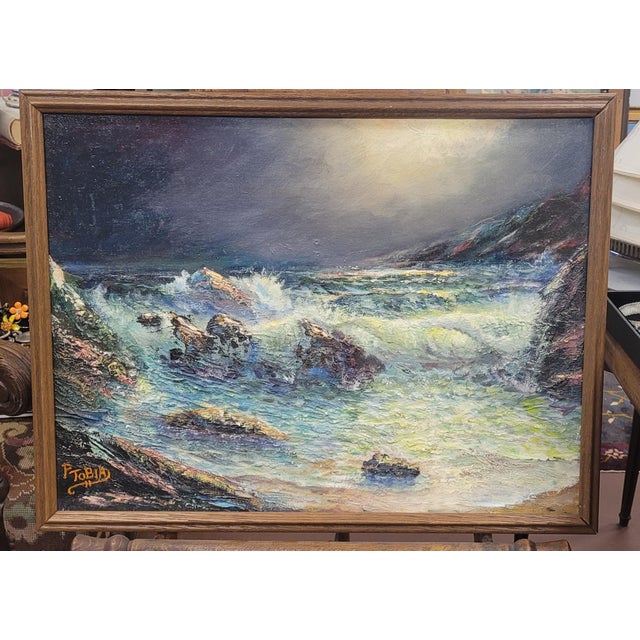 MCM Oil Painting Ocean Rocks Scene For Sale In Philadelphia - Image 6 of 9