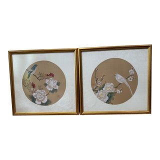 Vintage Chinese Watercolor Painting on Silk Framed Pictures Birds Floral Signed - a Pair For Sale