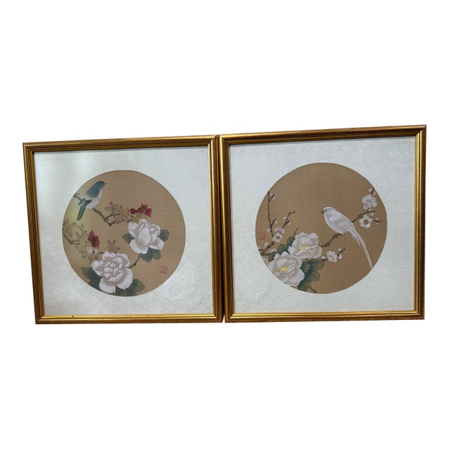 Vintage Chinese Watercolor Painting on Silk Framed Pictures Birds Floral Signed - a Pair For Sale
