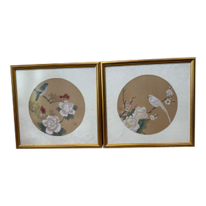 Vintage Chinese Watercolor Painting on Silk Framed Pictures Birds Floral Signed - a Pair