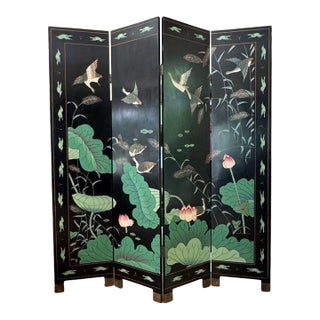 Vintage Chinese Four Panel Room Divider, Folding Screen With a Chinoiserie Pond Scene Painted on Both Sides For Sale