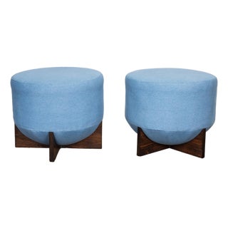 Pair of Denim Ottomans With Wood X Base by Wda Home For Sale
