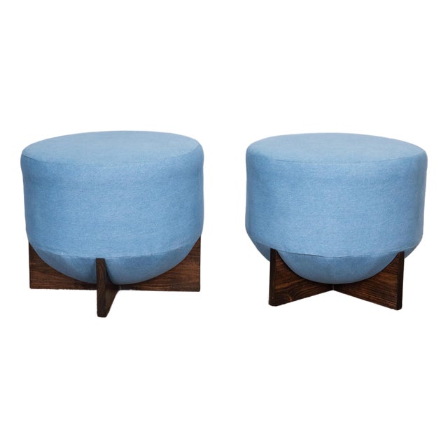 Pair of Denim Ottomans With Wood X Base by Wda Home For Sale