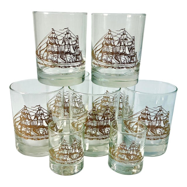 1960s Mid-Century Nautical Coastal Libbey Tall Mast Lowball Whiskey & Shot Glasses - Set of 9. For Sale