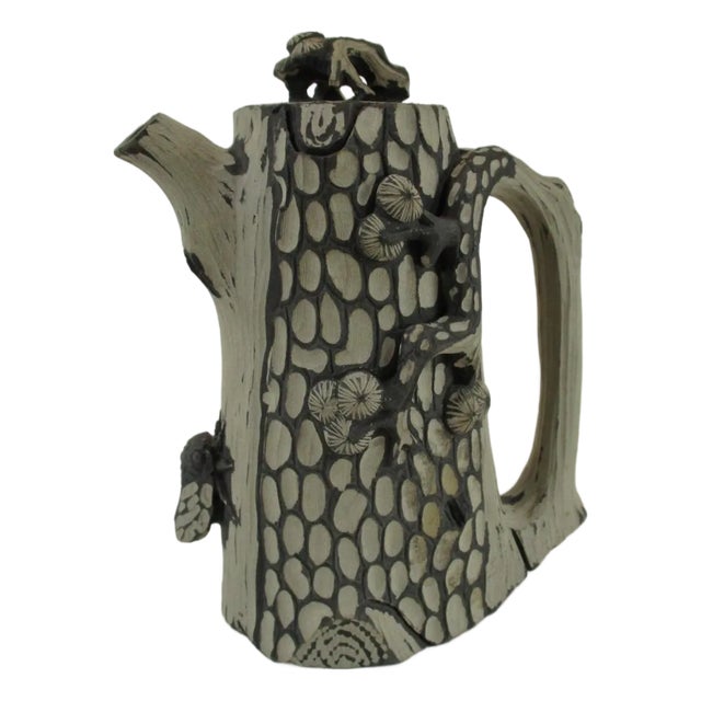 Mid 20th Century Segment Mud Clay Teapot China Yixing Zisha Style Pottery Handmade Tree Trunk Bug For Sale