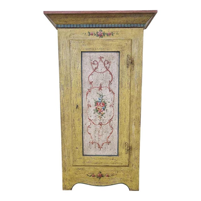 Pantry cabinet with internal wooden shelves. Made of yellow lacquered wood in Tyrolean style. Dimensions (wxdxh) 102 x 51...