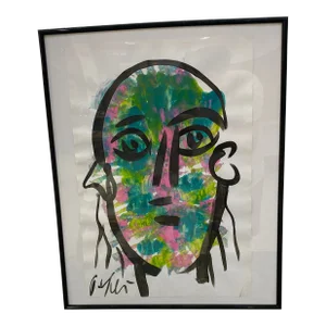1970s Vintage Abstract Portraiture; Contemporary Original Artwork by Peter Robert Keil, Framed