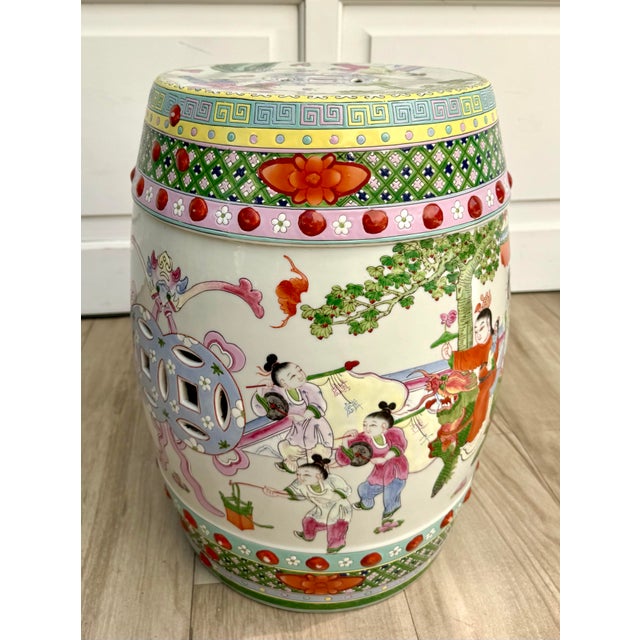 White Mid-20th C. Chinese Famille Verte Hand-Painted Ceramic Garden Stool/Side Table For Sale - Image 8 of 13