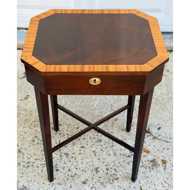 Traditional George III Flame Mahogany Work Table With Satinwood Band For Sale - Image 3 of 11