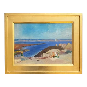 1990 Impressionist Style Coastal Beach Scene Oil Painting After Pothast by Satori Gregorakis, Framed