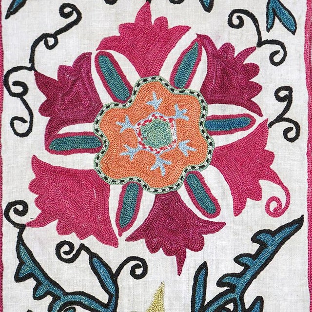 Tribal Antique Central Asian Cross Stitch Embroidered Suzani Fragment From Bukhara, Uzbekistan For Sale - Image 3 of 8