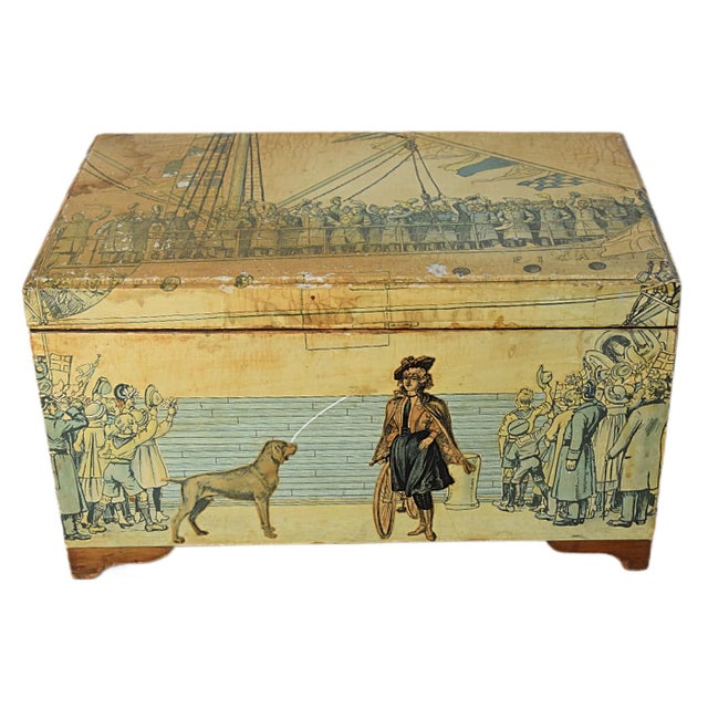 Antique folk-art decoupage storage box, typically dating to the late 19th or early 20th century. It features decorative...