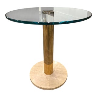 1980s Attributed to Leon Rosen for Pace Round Glass, Brass and Travertine Side Table For Sale