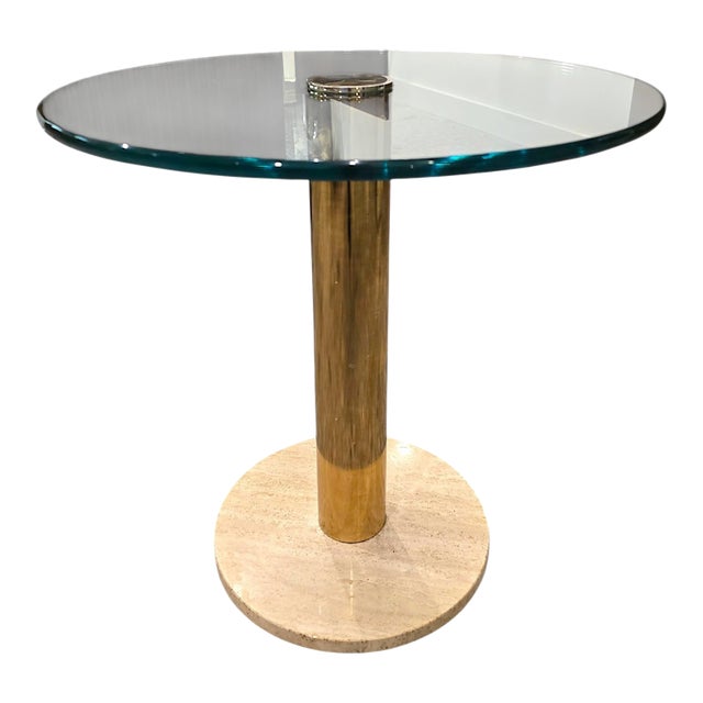 1980s Attributed to Leon Rosen for Pace Round Glass, Brass and Travertine Side Table For Sale