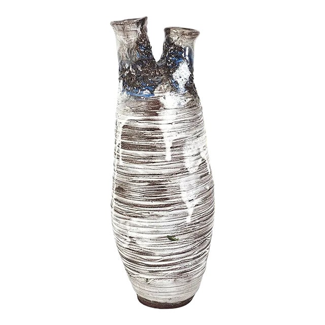 Vintage Studio Pottery Tulipière Ikebana Vase With Coil Construction and Ash Drip Glaze, 13" For Sale
