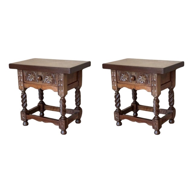 Early 20th Century Spanish Nightstands with Carved Drawers and Solomonic Legs, A Pair For Sale