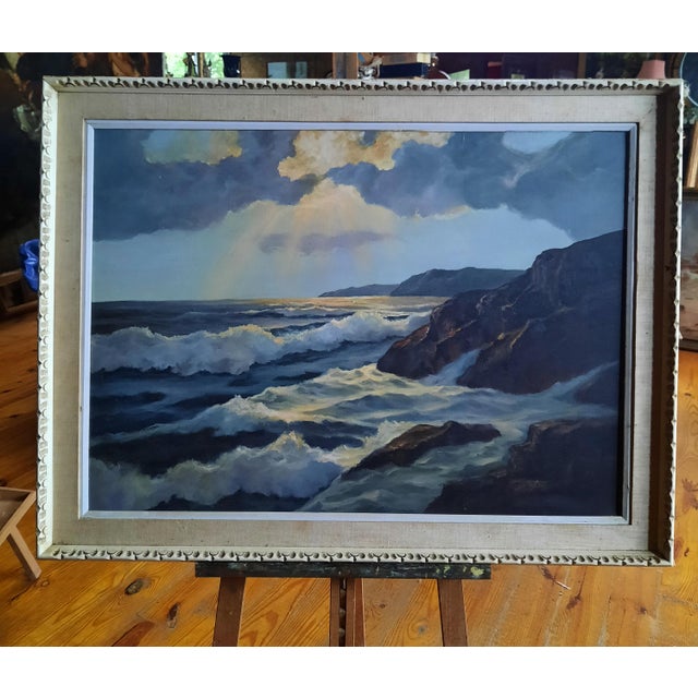 Mid-20th Century Moody Coastal Seascape Oil Painting, Framed For Sale - Image 4 of 6