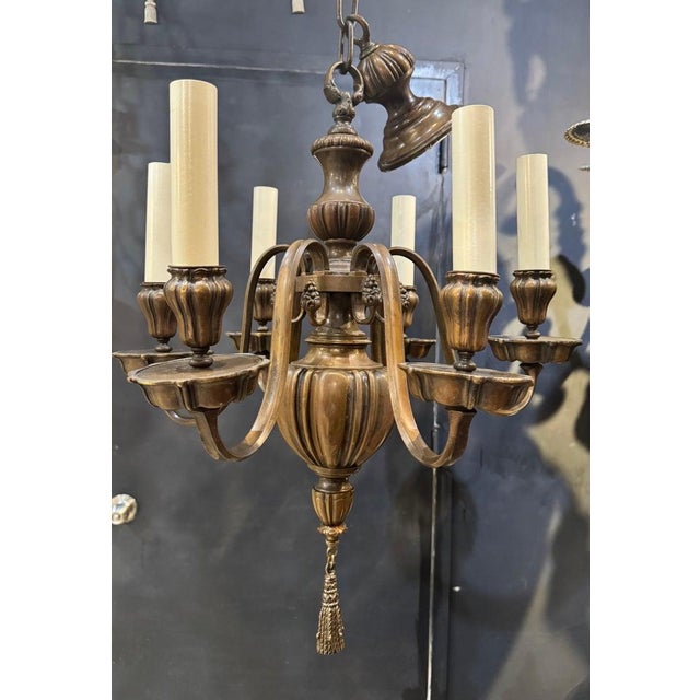 Circa 1920’s Caldwell bronze chandelier with original patina, 6 lights. Could be silver plated. Available matching sconces...