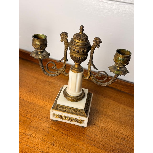 Pair of French Empire Style 19 Century Pair of Marble & Gilt Bronze Candle Sticks With Rooster Heads For Sale - Image 12 of 13