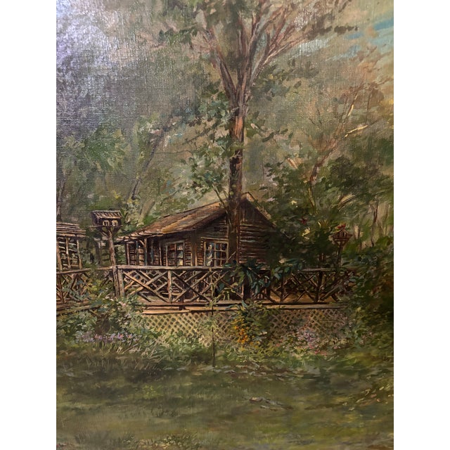 Vintage oil painting of an Adirondack cabin in the woods. Signed C. S. Breneman and framed. Beautiful and lush.