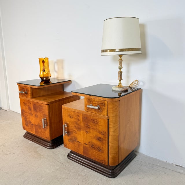 Vintage Burl Walnut Nightstands by Jindřich Halabala for Up Závody, 1957, Set of 2 For Sale - Image 3 of 14