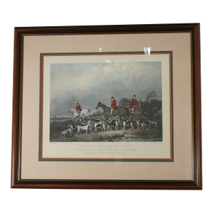 Vintage Framed Engraving Print of Horses & Dogs Hunt Scene