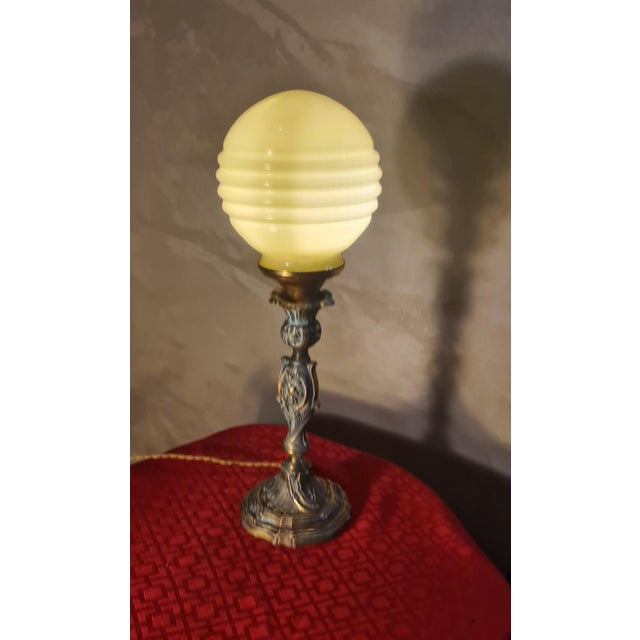Metal Rococo Bronze Lamp with Yellow-Green Opaline Glass Shade, 1900 For Sale - Image 7 of 7
