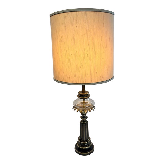 1960s MCM Neoclassical Column, Torchiere Stiffel Table Lamp, French Empire Style, Brass Finish & Glass 3-Way Elc. For Sale