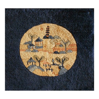 Marked Navy Blue Color With Lovely Figural Design Antique Chinese Peking Rug For Sale