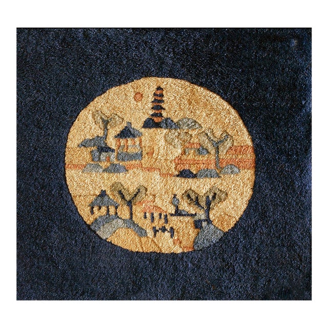 Marked Navy Blue Color With Lovely Figural Design Antique Chinese Peking Rug For Sale
