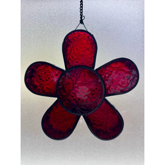 Gothic Vintage Red Stained Glass Hanging Votive With Pierced Metal Frame For Sale - Image 3 of 12
