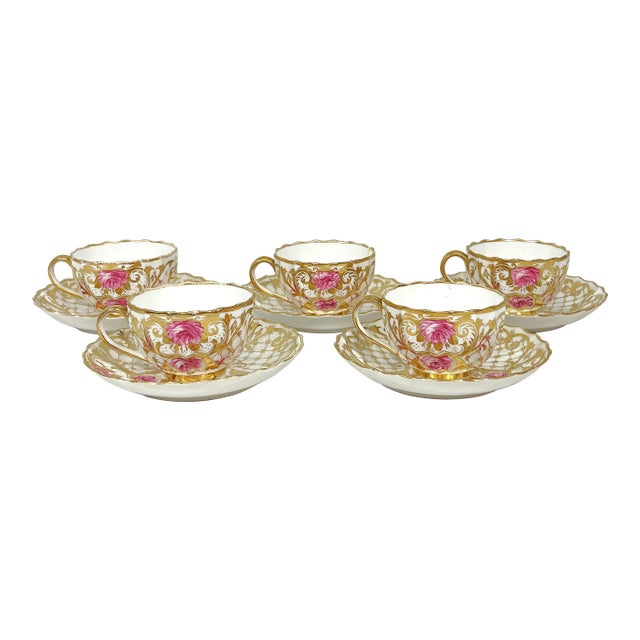 Antique English Spode Copeland Teacups With Saucers- Set of 5 For Sale