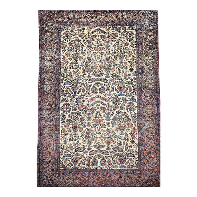 Antique Oversized Persian Kerman Lavar Rug, Hand-Knotted Wool, Allover Floral Vase Pattern, Ivory & Pink, 11x20 For Sale