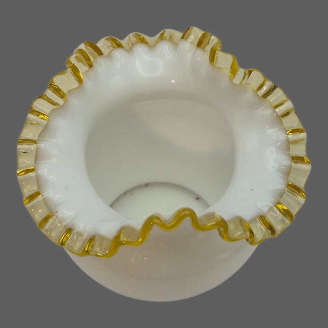 Mid-Century Modern Vintage Fenton Milk-Glass Crimped Ruffled Amber Yellow Edge Rose-Bowl Vase For Sale - Image 3 of 5