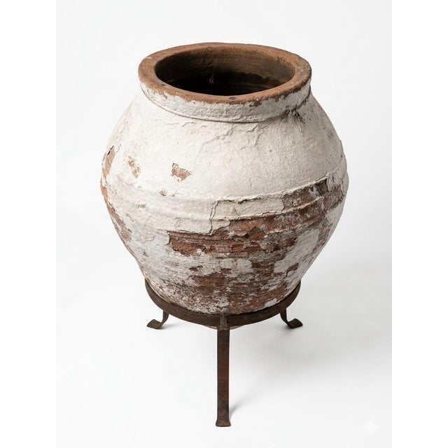 Mediterranean 1930s Greek Terracotta Pithos Olive Oil Jar on Custom Wrought Iron Stand For Sale - Image 3 of 10