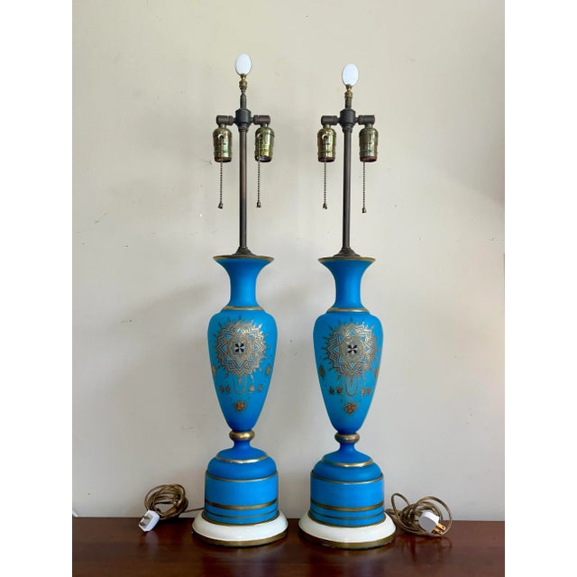 French Vintage French Opaline Blue & Gold Gilt Glass Table Lamps - a Pair For Sale - Image 3 of 13