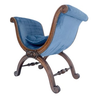 French Carved Wood Scissor Shape Blue Velvet Upholstery Bench For Sale