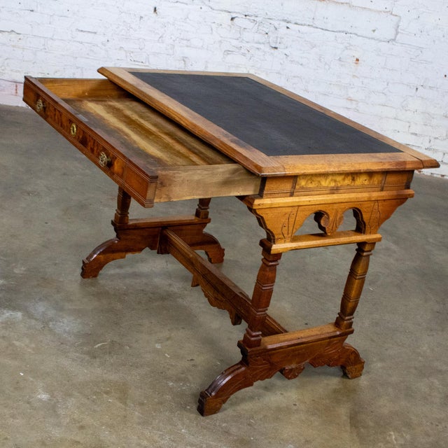 Brown Late 19th Century Eastlake Victorian Style Ladies Writing Desk Walnut Burl and Faux Leather Top For Sale - Image 8 of 18