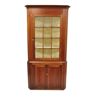 Antique Colonial Primitive Cherry Wood Glass Front Corner China Cabinet Cupboard For Sale