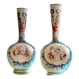 French Opaline Glass Vases with Hand-Painted Cherubs, 19th Century, Set of 2 For Sale
