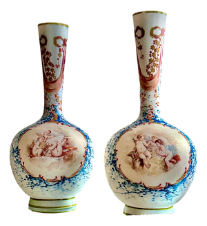 French Opaline Glass Vases with Hand-Painted Cherubs, 19th Century, Set of 2
