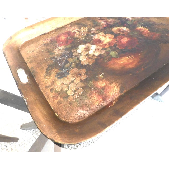 French Antique Hand-Painted French Floral Large Tole Tray For Sale - Image 3 of 12