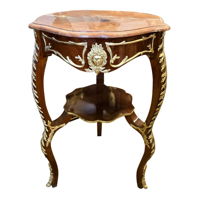 Louis XV Marble Top Side Table With Gilt Bronze Mounts & Lower Shelf For Sale