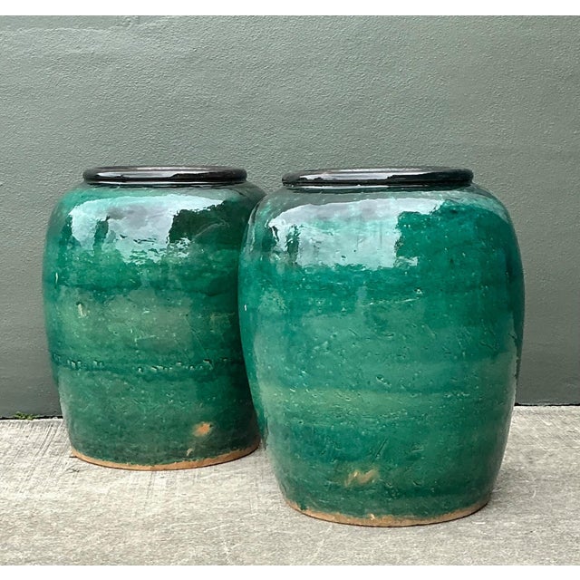 Vintage Green Glazed Earthenware Vessels - A Pair For Sale - Image 18 of 18